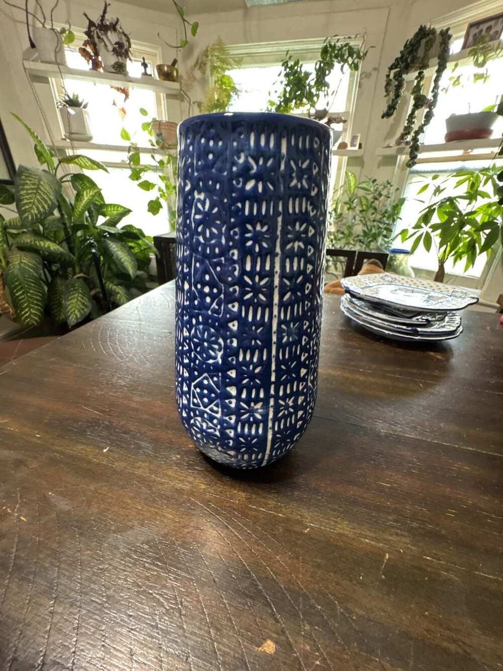 Ceramic Vase Blue White Block Print Cylindrical 10 Inches